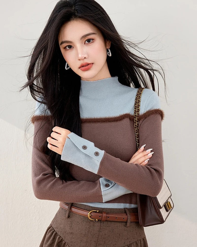 Siena Women's Contrast Knit Mock Neck Sweater