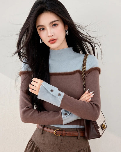 Siena Women's Contrast Knit Mock Neck Sweater