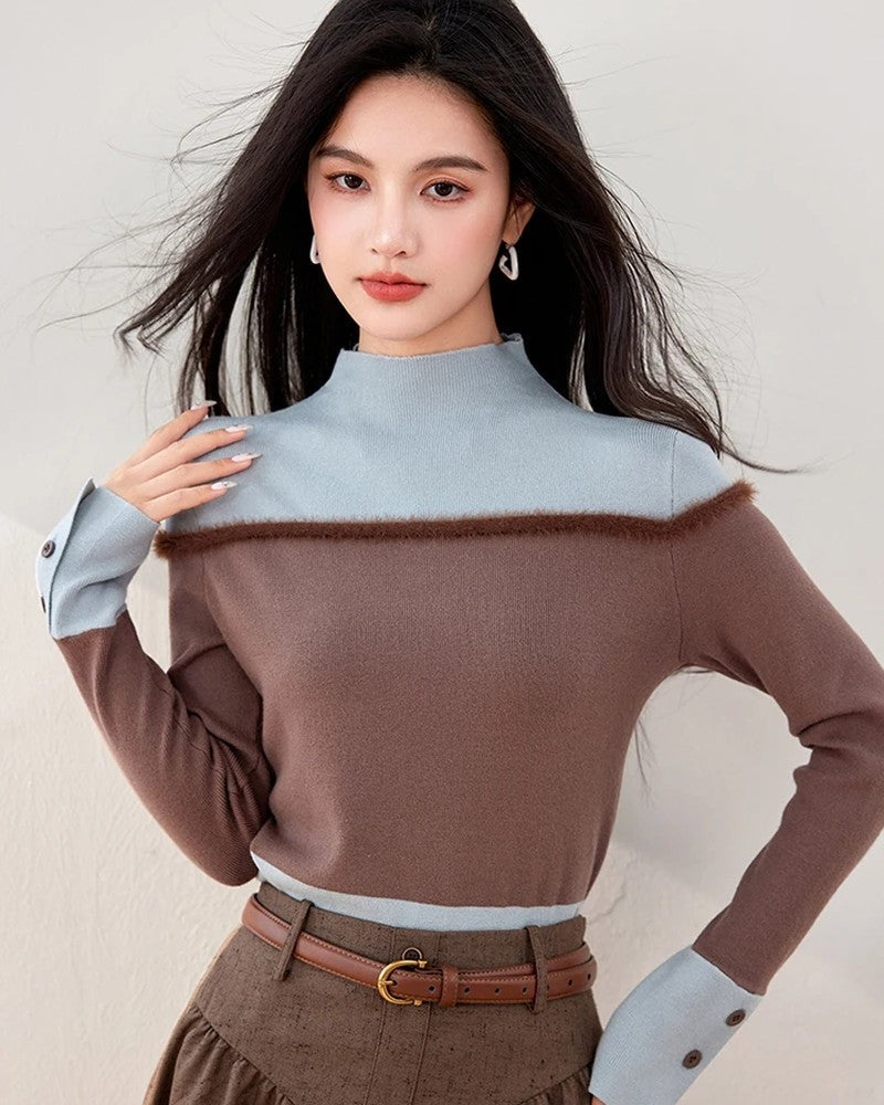 Siena Women's Contrast Knit Mock Neck Sweater