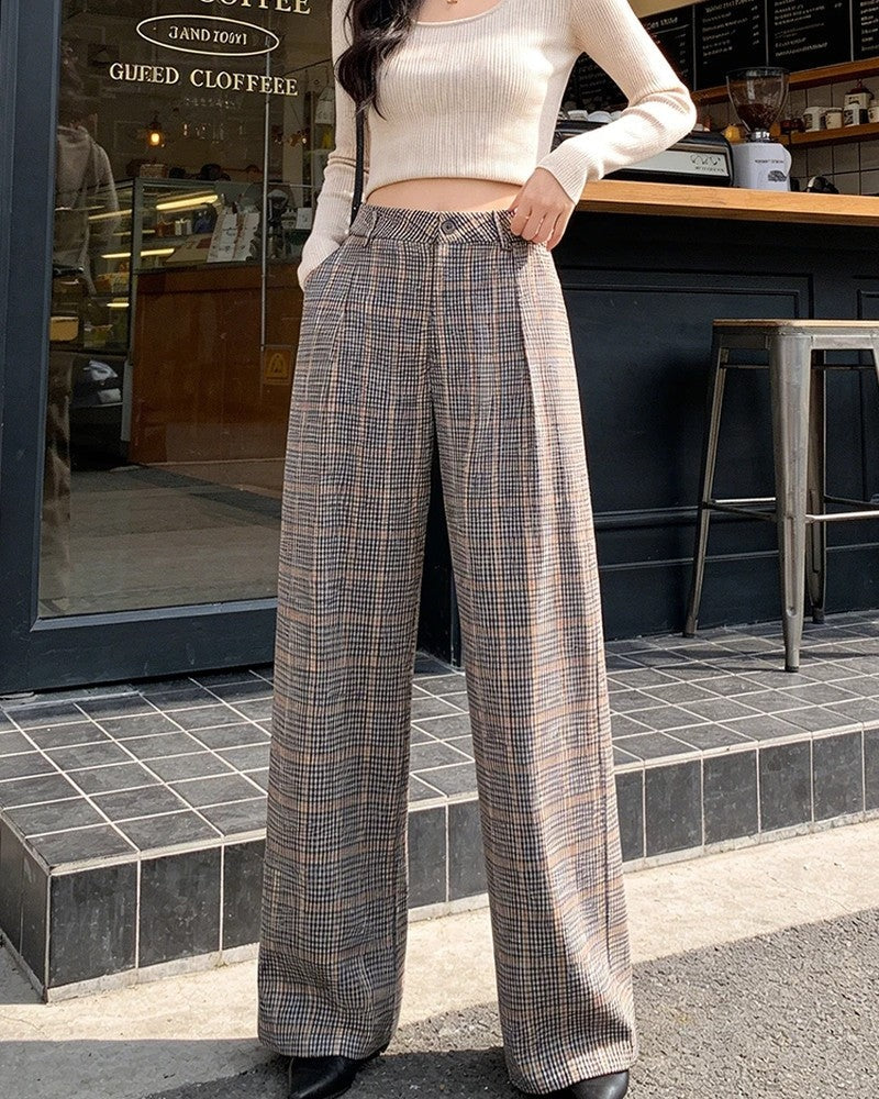 Vionne Checked Pleated Wide-Leg Trousers