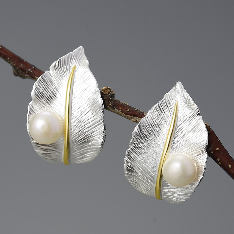 Pearl & Leaf Stud Earrings